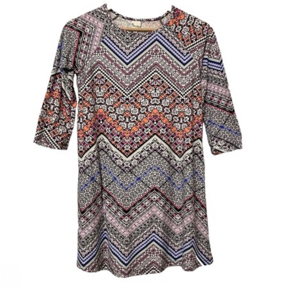 Girls Size 16 Mudd stretchy comfy printed skater dress 3/4 sleeve floral zigzag